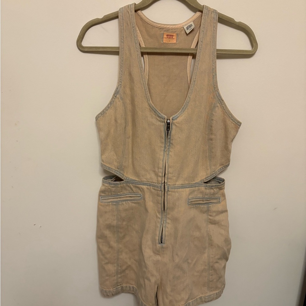 Levi’s Two Horse Brand Cutout Denim Romper - Beige/Light Wash Sz S Y2K utility